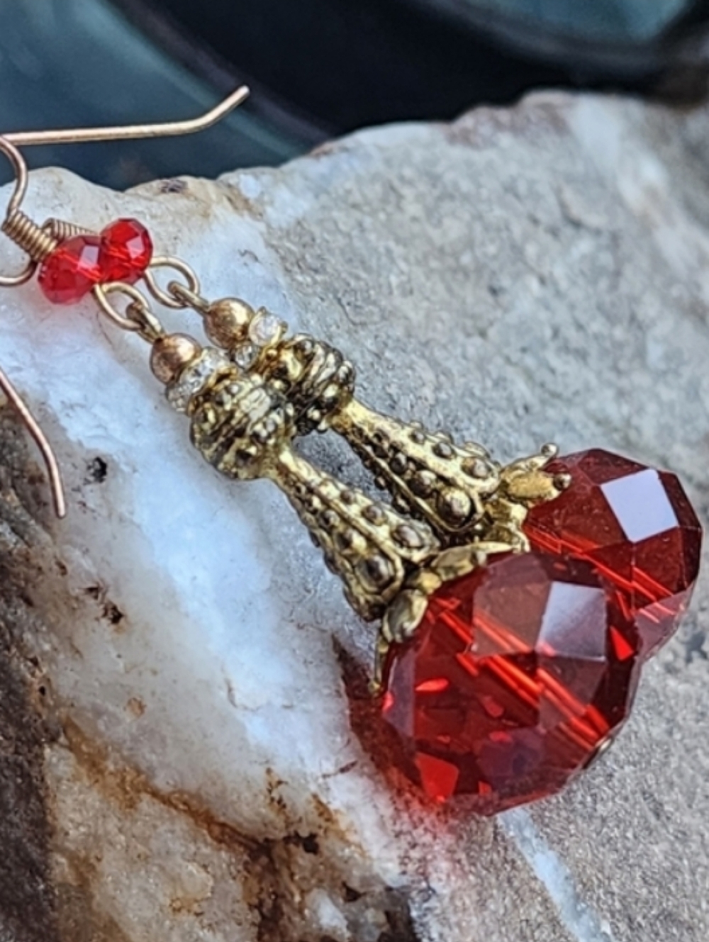 SALE Vintage Bright Red Crystals Gold Sparkling Earrings Boho Luxury